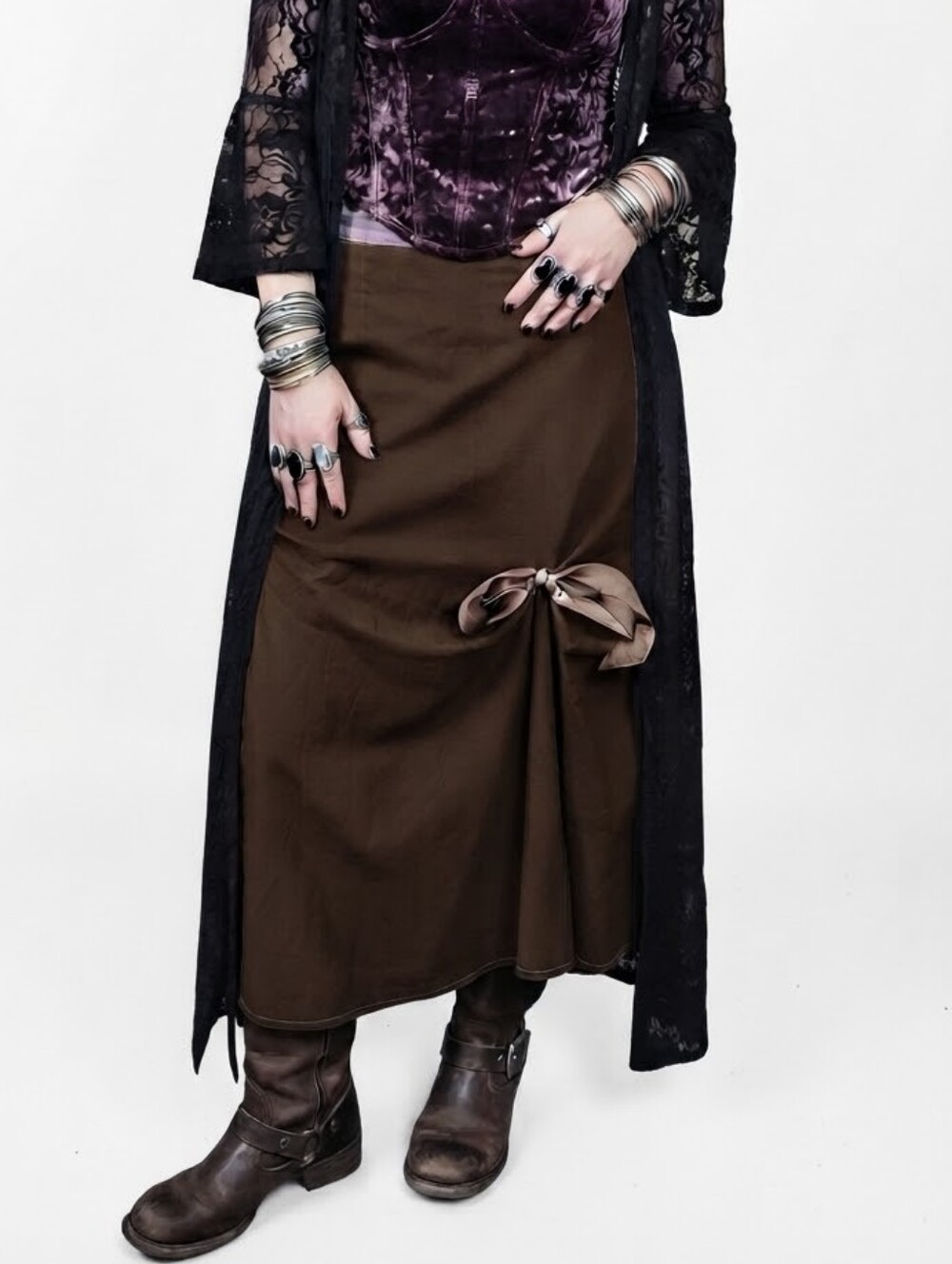 Y2K / Vintage neesh by DAN Asymmetrical Midi Skirt Brown M with Bow